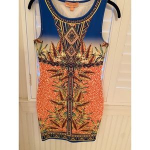 Bloomingdales dress with tropical design. Form fitting style